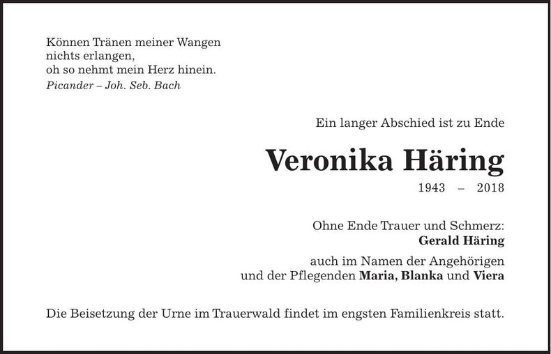 Traueranzeige Veronika Häring