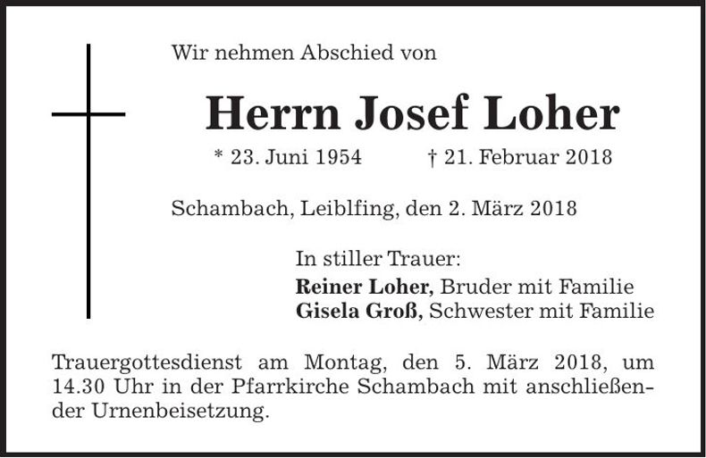 Traueranzeige Josef Loher