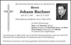 Traueranzeige Johann Buchner