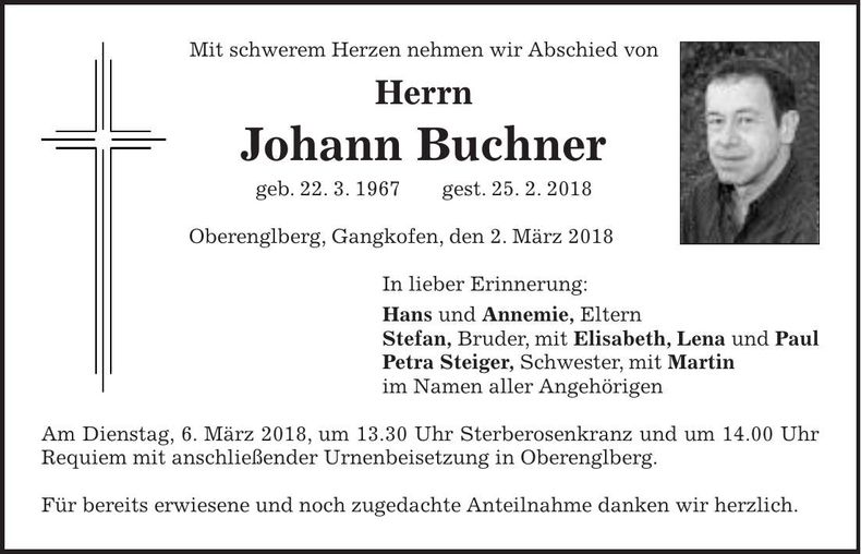 Traueranzeige Johann Buchner