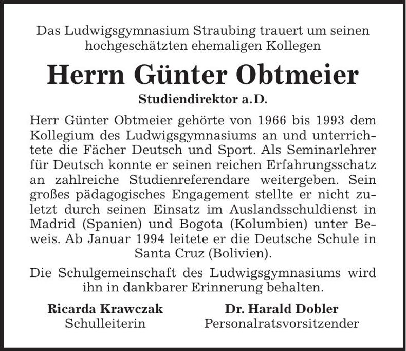 Traueranzeige Obtmeier Günter