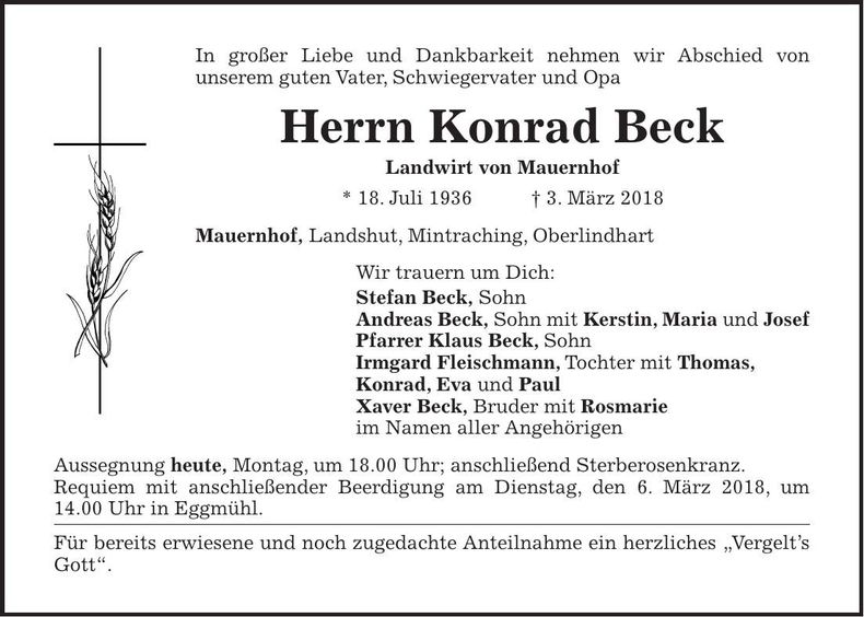Traueranzeige Konrad Beck