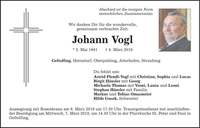 Traueranzeige Johann Vogl