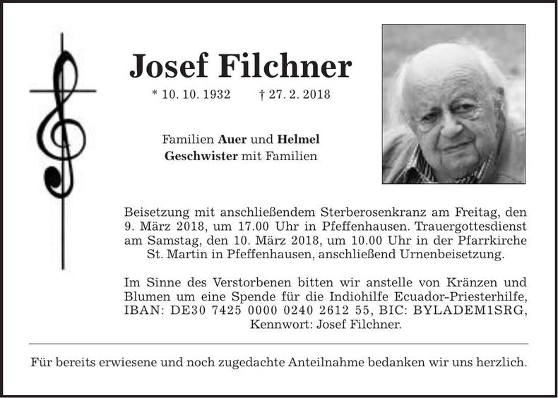 Traueranzeige Josef Filchner