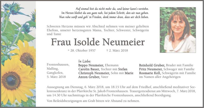 Traueranzeige Isolde Neumeier