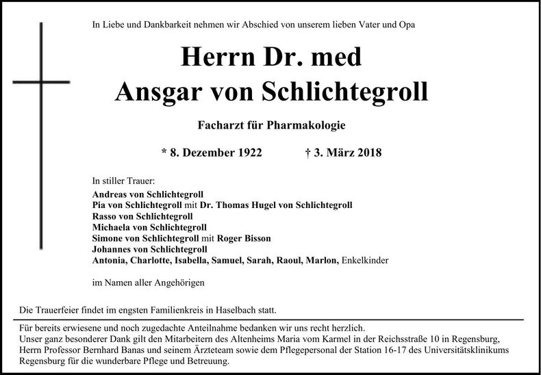 Traueranzeige Ansgar Dr. med von Schlichtegroll