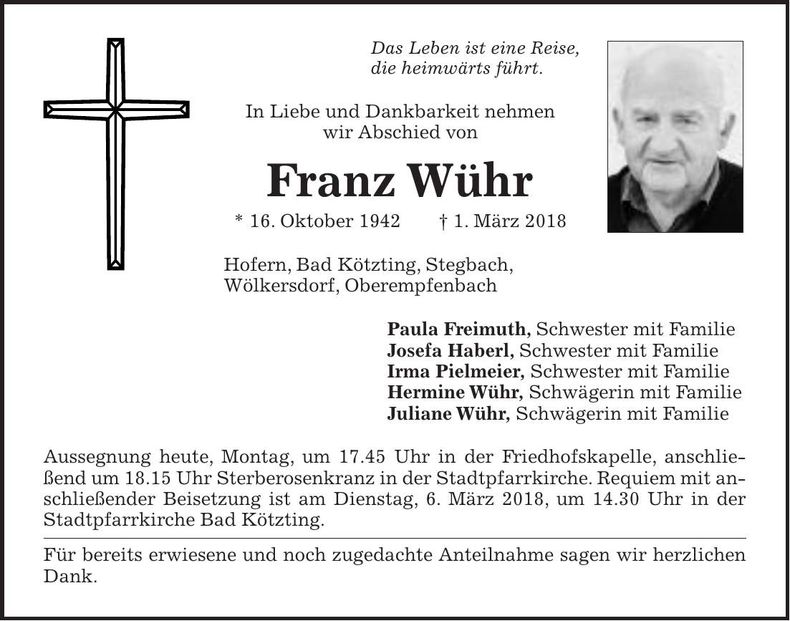 Traueranzeige Franz Wühr