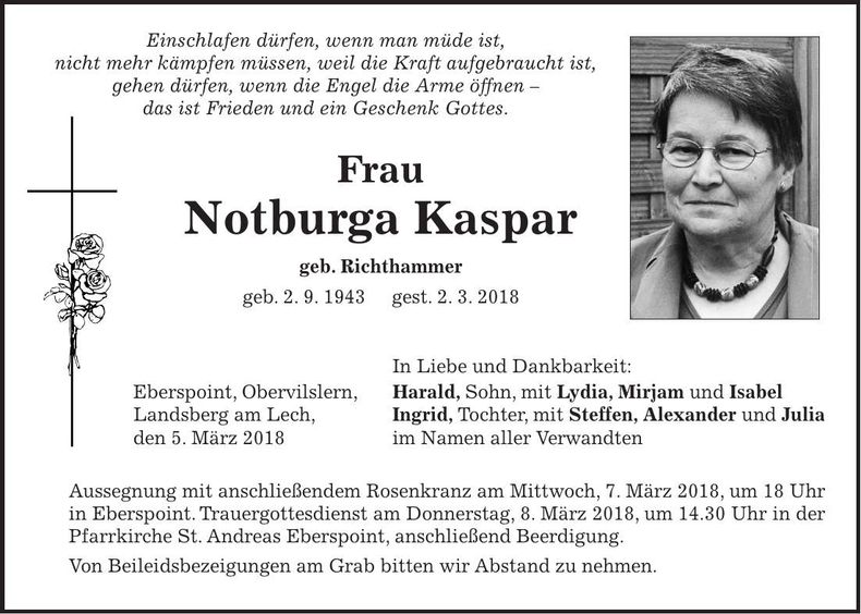 Traueranzeige Notburga Kaspar
