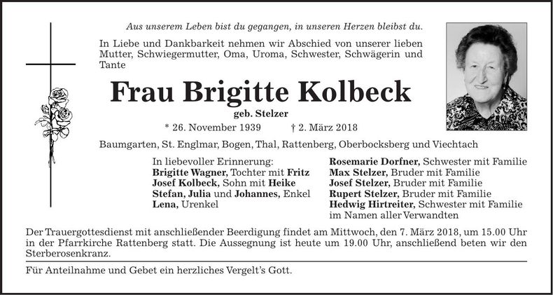 Traueranzeige Brigitte Kolbeck
