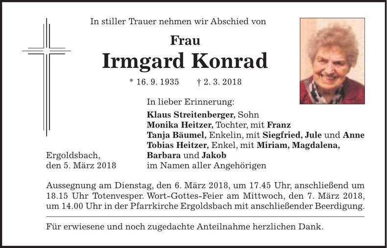 Traueranzeige Irmgard Konrad