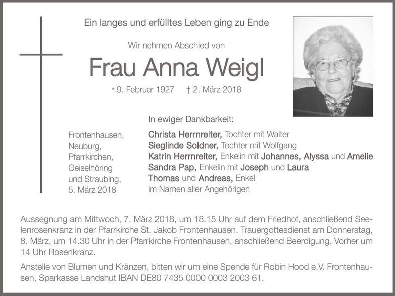 Traueranzeige Anna Weigl