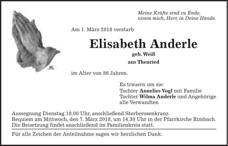 Traueranzeige Elisabeth Anderle