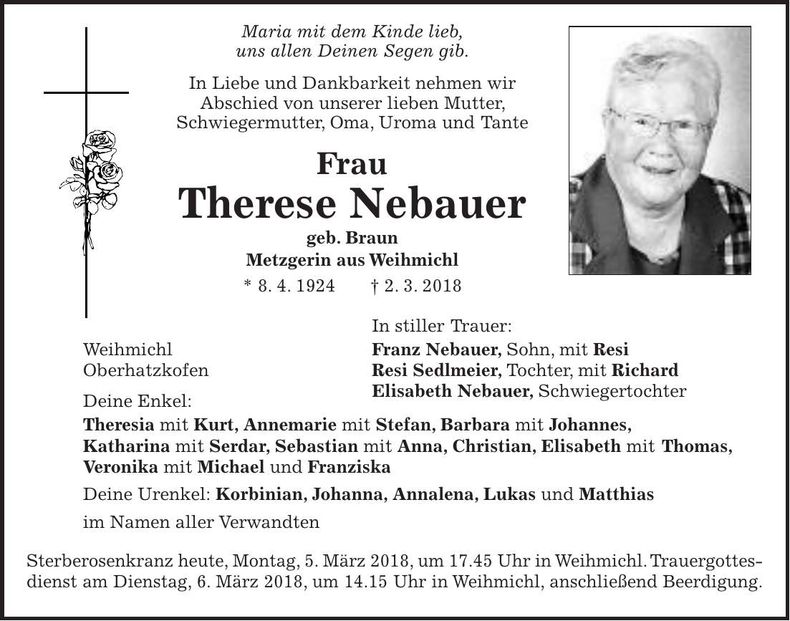 Traueranzeige Therese Nebauer