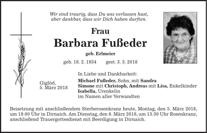Traueranzeige Barbara Fußeder