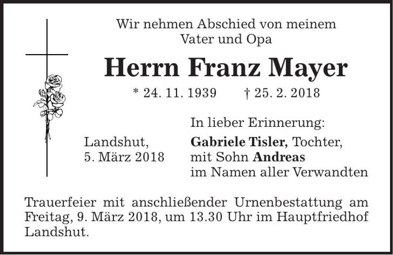 Traueranzeige Franz Mayer