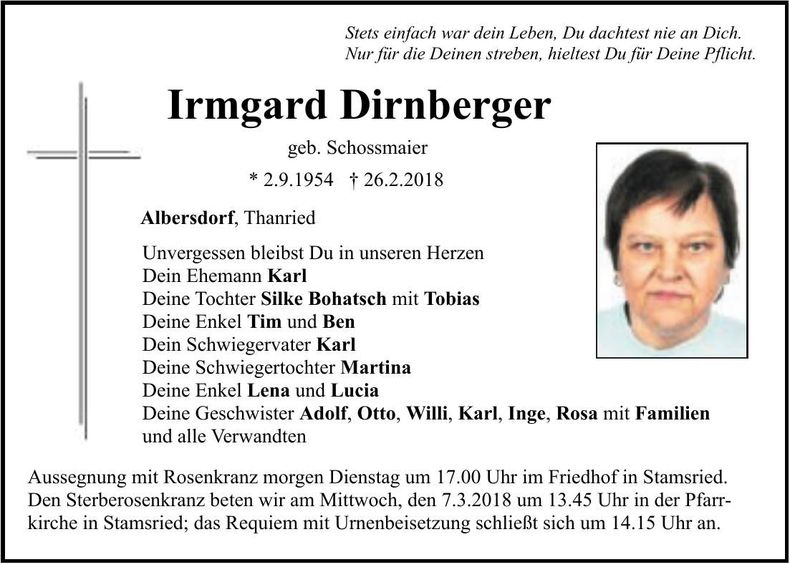 Traueranzeige Irmgard Dirnberger