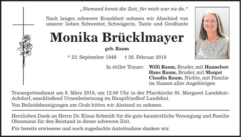 Traueranzeige Monika Brücklmayer