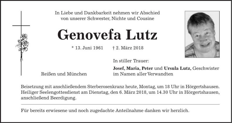 Traueranzeige Genovefa Lutz