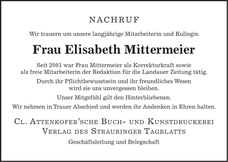 Traueranzeige Elisabeth Mittermeier