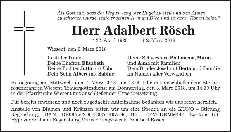 Traueranzeige Adalbert Rösch