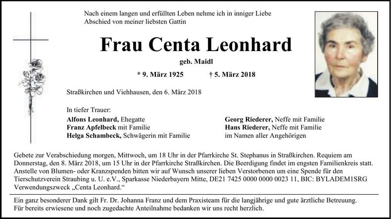 Traueranzeige Centa Leonhard