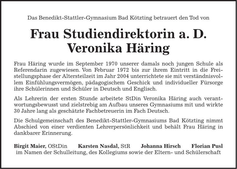 Traueranzeige Veronika Häring