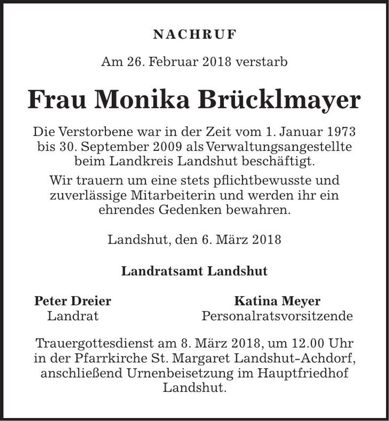 Traueranzeige Monika Brücklmayer