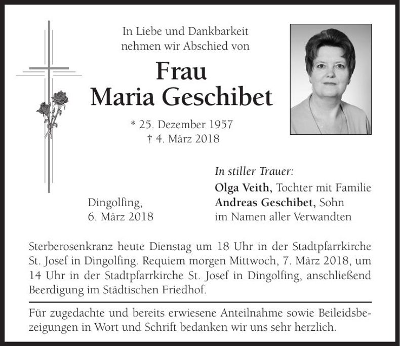 Traueranzeige Maria Geschibet