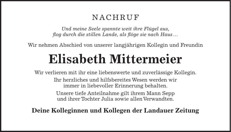 Traueranzeige Elisabeth Mittermeier