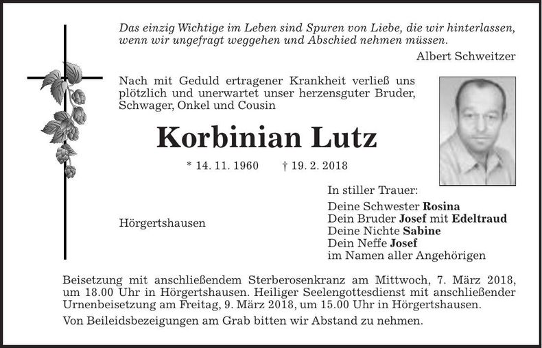 Traueranzeige Korbinian Lutz