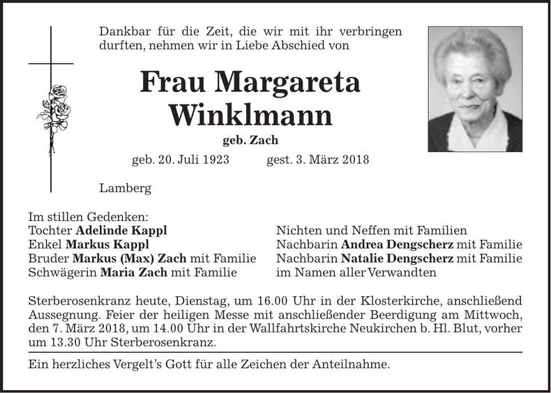 Traueranzeige Margareta Winklmann