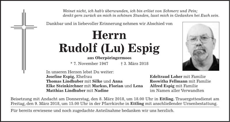 Traueranzeige Rudolf (Lu) Espig