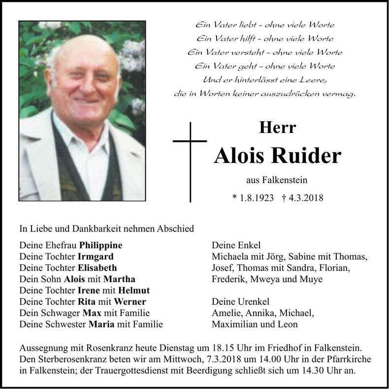 Traueranzeige Alois Ruider