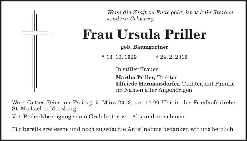 Traueranzeige Ursula Priller
