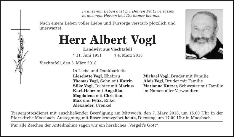 Traueranzeige Albert Vogl