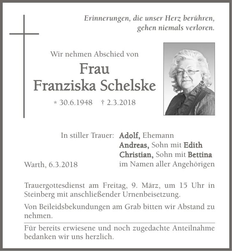 Traueranzeige Franziska Schelske