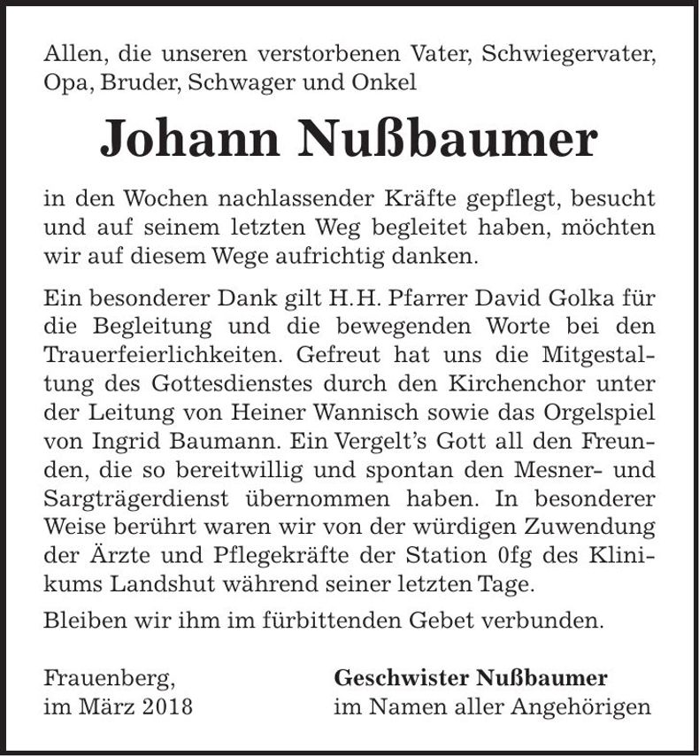 Traueranzeige Johann Nußbaumer