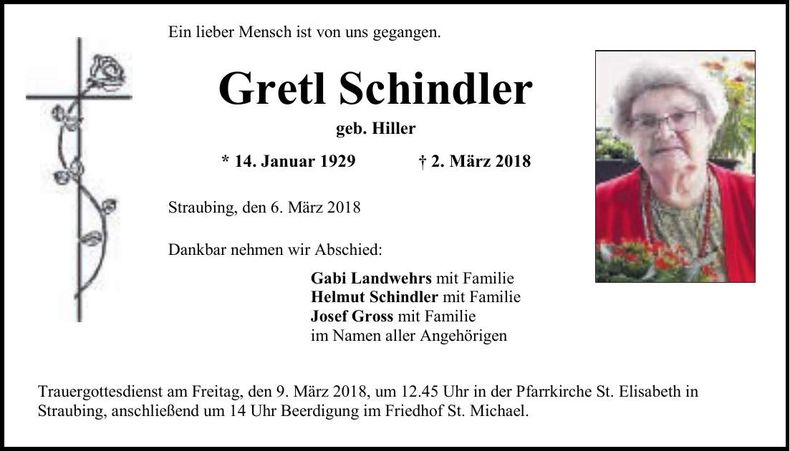Traueranzeige Grete Schindler