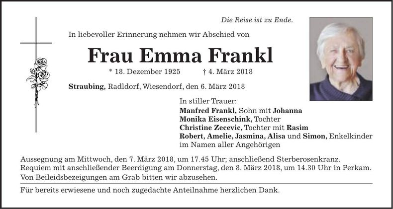 Traueranzeige Emma Frankl