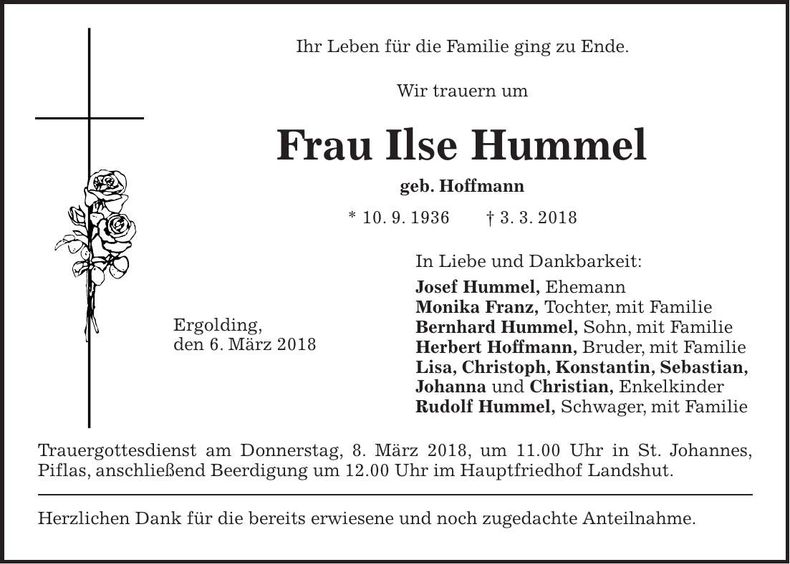 Traueranzeige Ilse Hummel