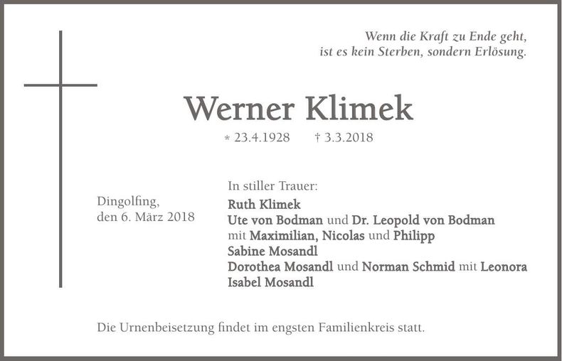 Traueranzeige Werner Klimek