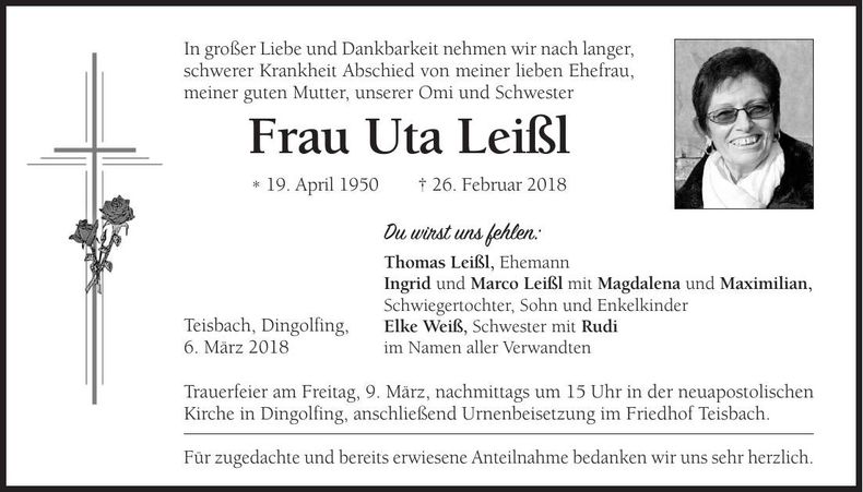 Traueranzeige Uta Leißl