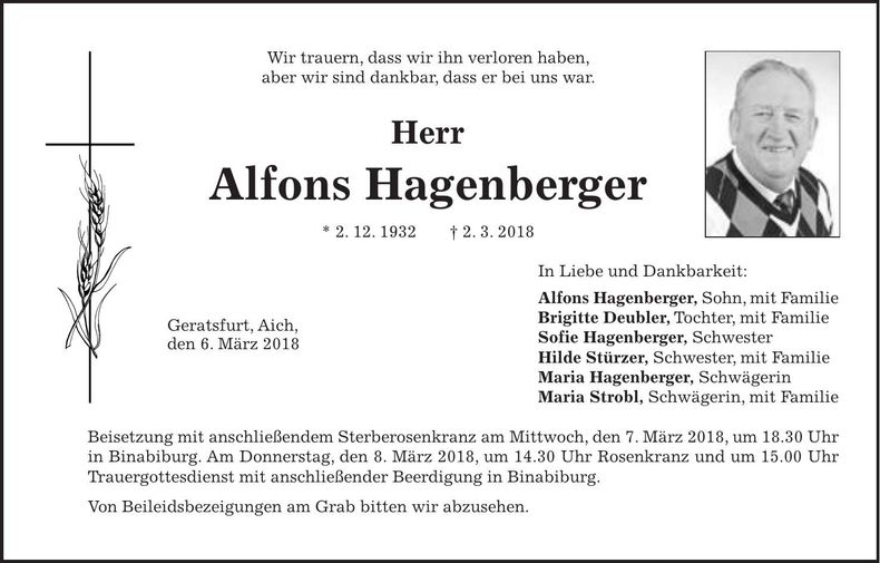 Traueranzeige Alfons Hagenberger