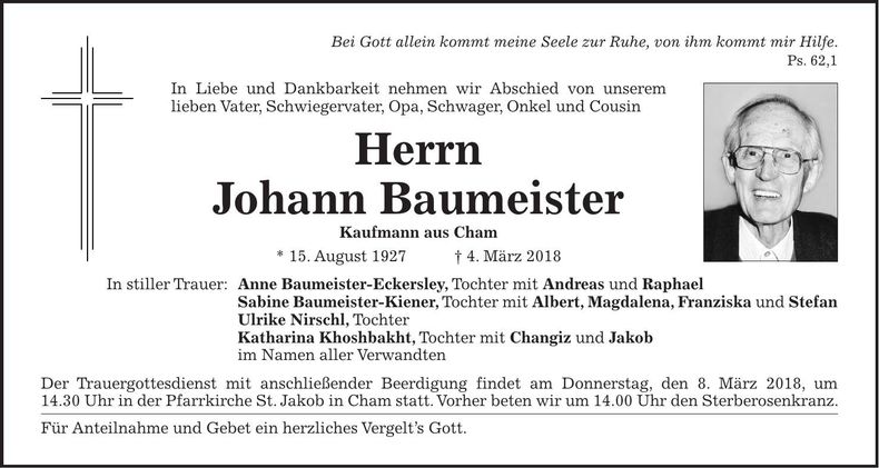 Traueranzeige Johann Baumeister