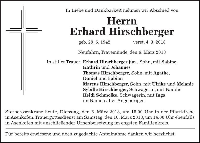Traueranzeige Erhard Hirschberger