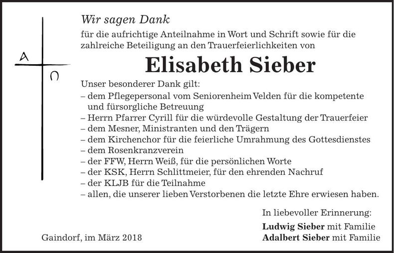 Traueranzeige Elisabeth Sieber