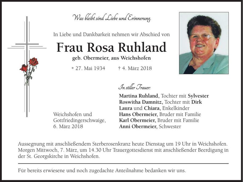 Traueranzeige Rosa Ruhland