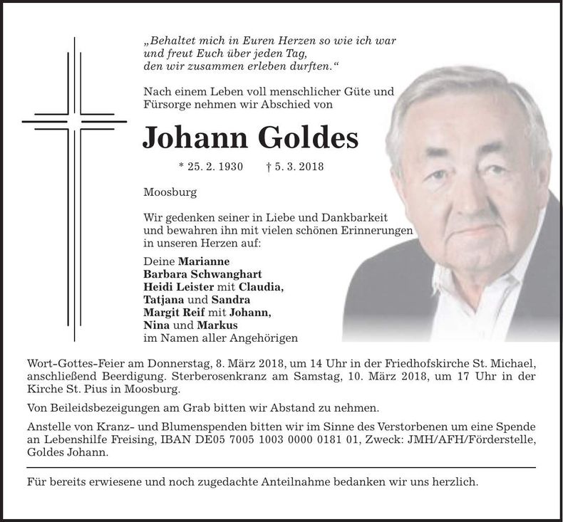 Traueranzeige Johann Goldes