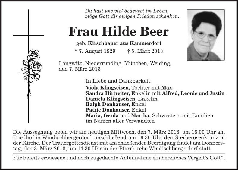 Traueranzeige Hilde Beer