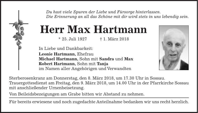 Traueranzeige Max Hartmann